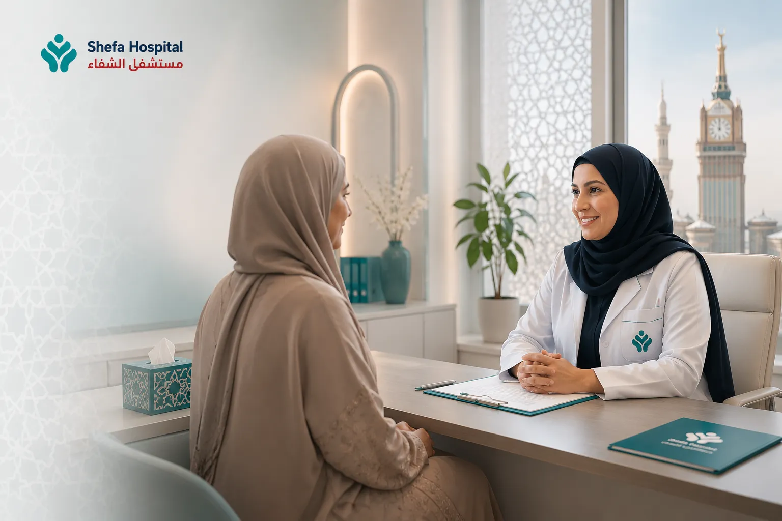 Saudi female specialist counseling a patient about menopause and hormonal health at Shefa Hospital