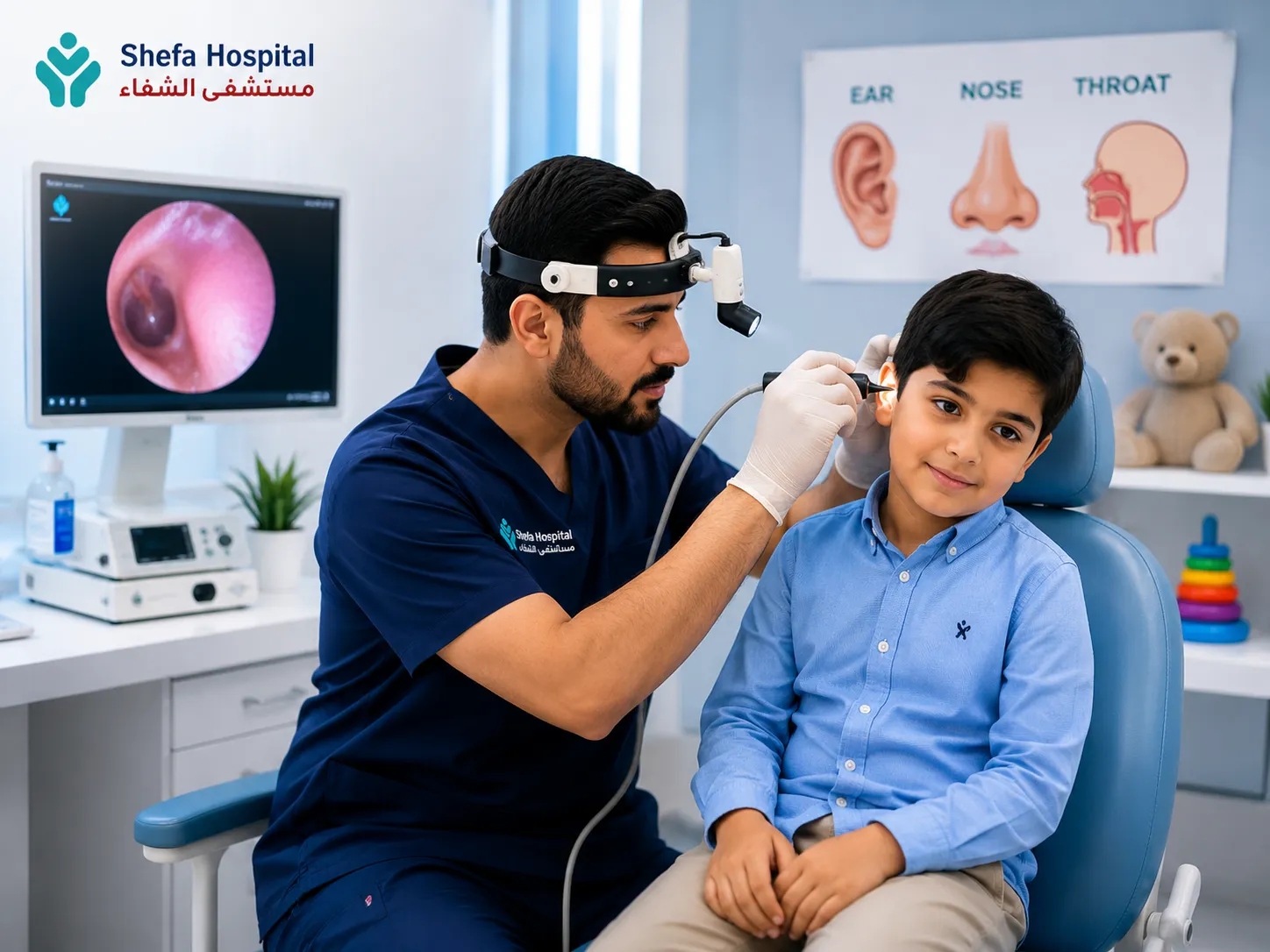 Pediatric ENT specialist examining a child without being cropped in mobile view.