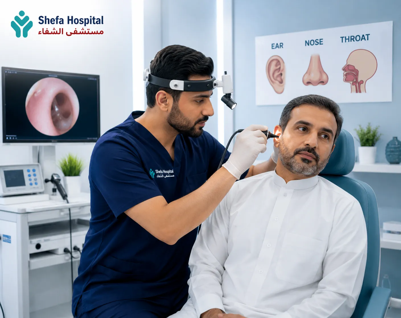 Adult patient during an ENT examination to assess chronic ear, nose, or throat conditions.