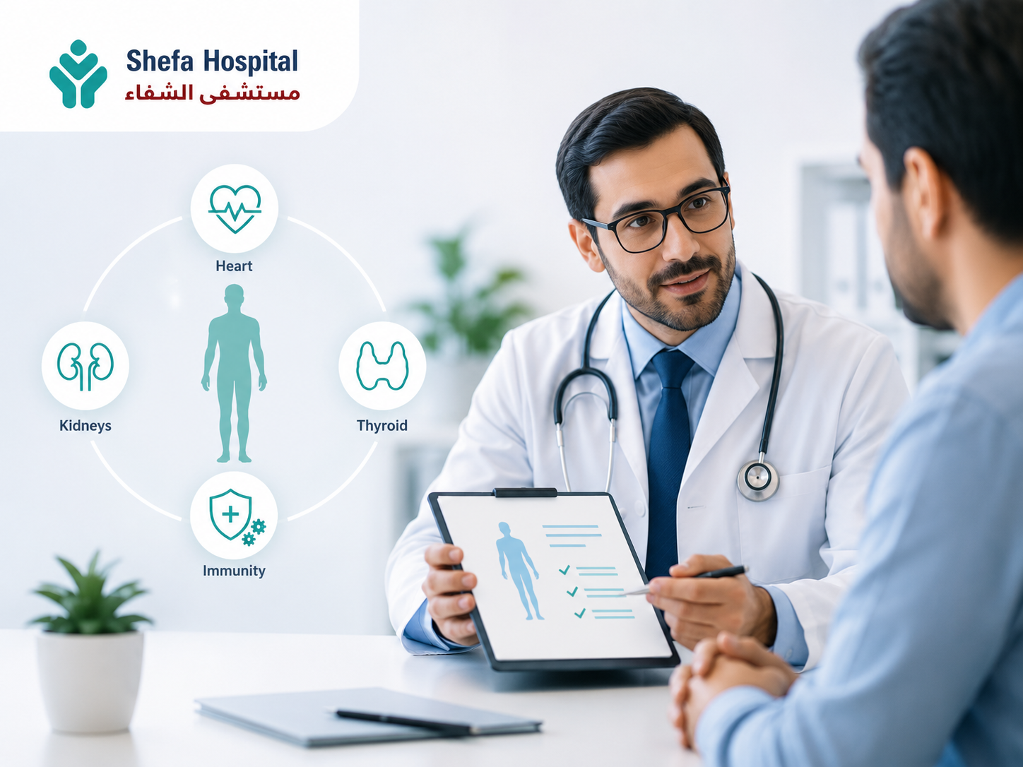 Doctor during a first internal medicine consultation, discussing health history and planning diagnostic steps with a patient.