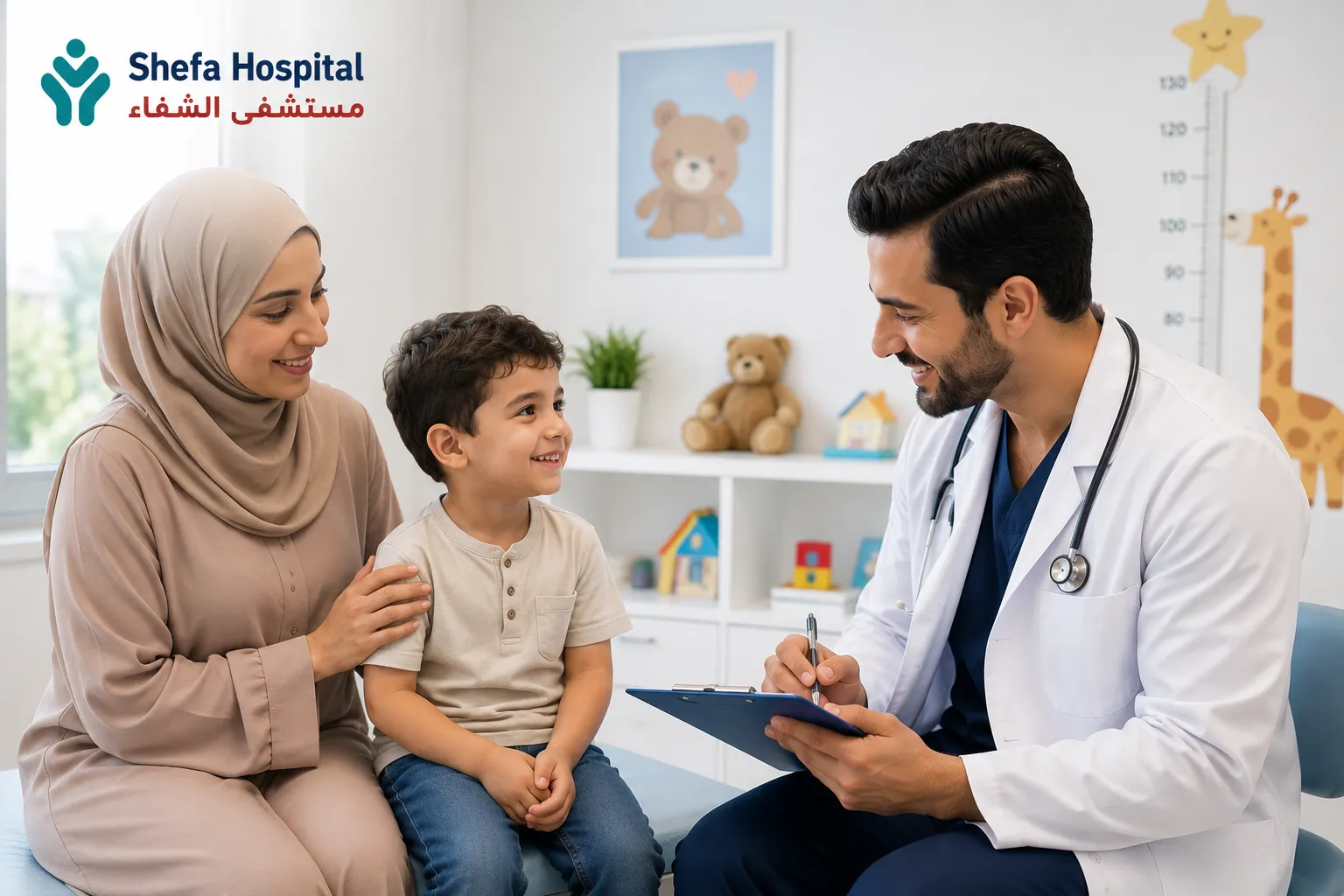 Pediatrician consulting with parents and their young child in a medical clinic.