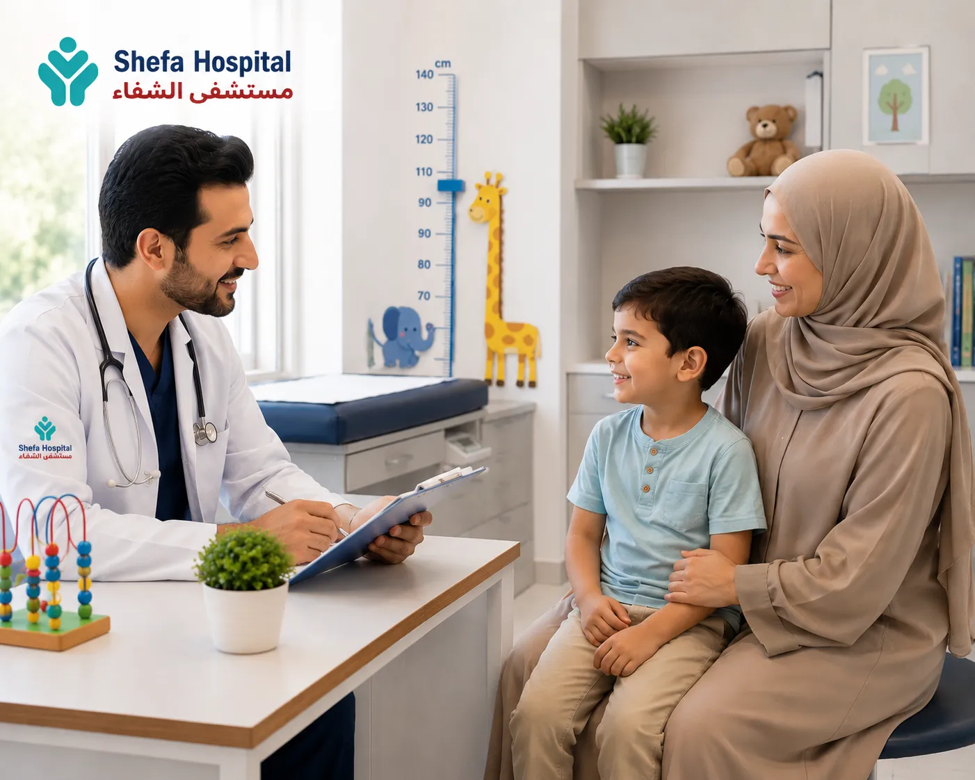 Pediatrician performing routine examination on a child.