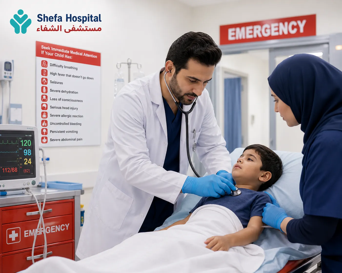 Parents consulting with a pediatrician in a clinic waiting area.