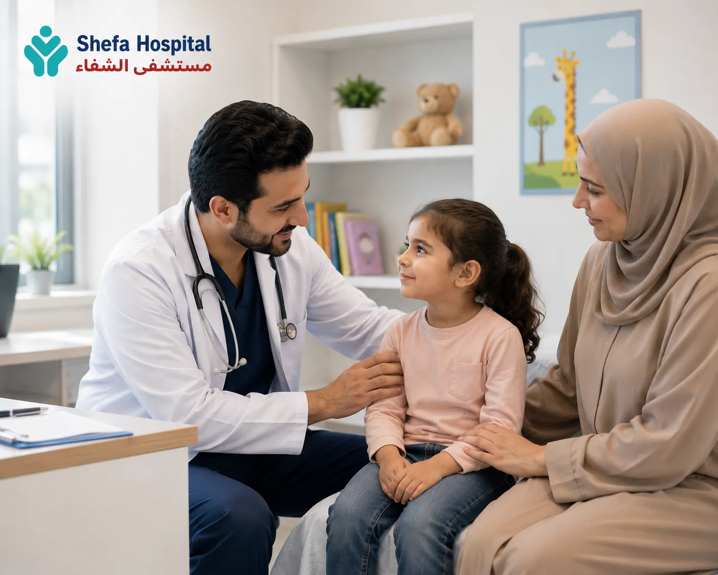 Pediatrician comforting and supporting a young child.