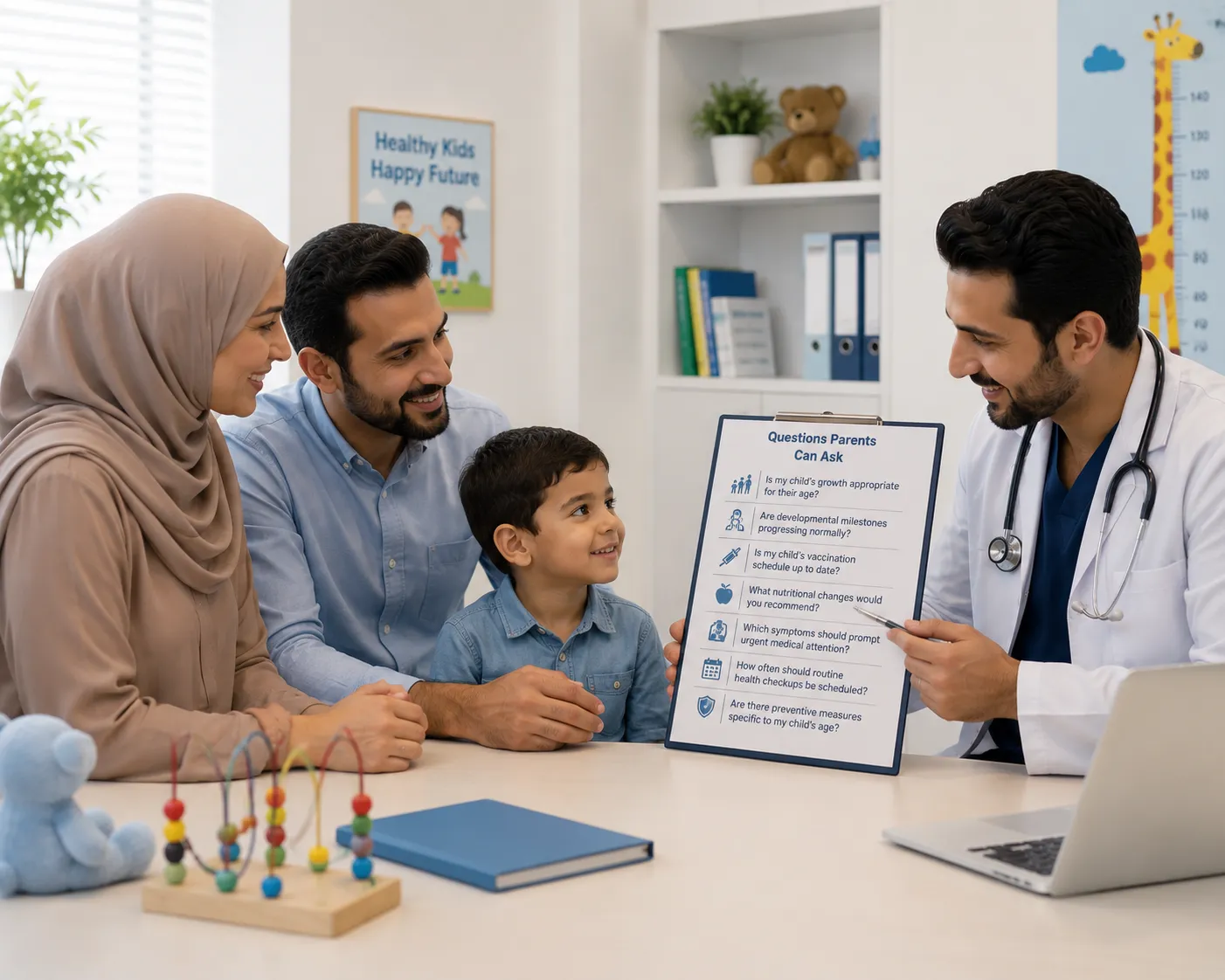 Parent asking a pediatrician questions about their child's health.