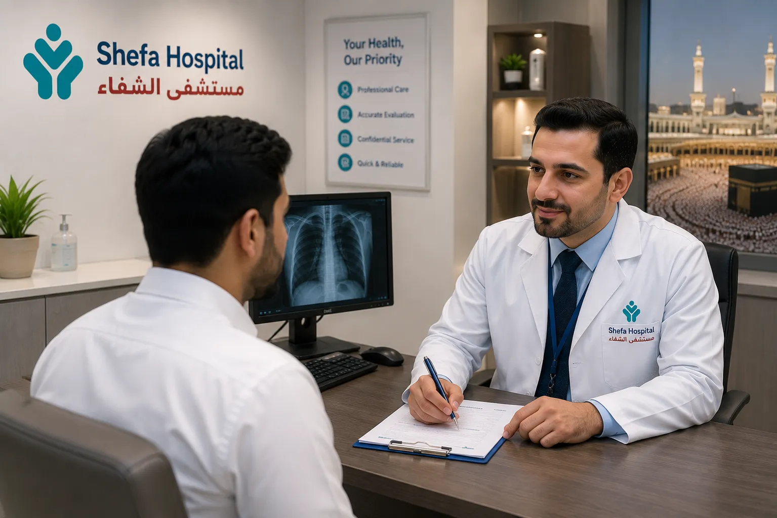 Pre-employment medical checkup consultation at Shefa Hospital in Makkah.
