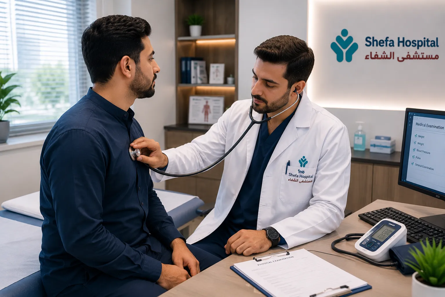 Doctor conducting a general physical examination including checking pulse and blood pressure