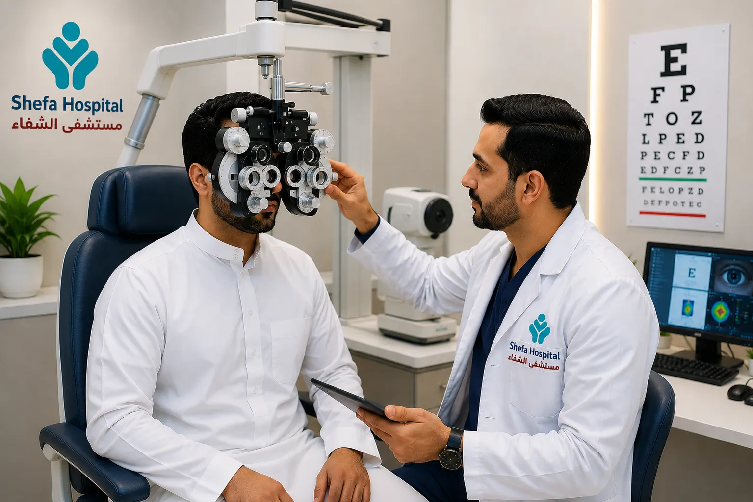 Patient undergoing a vision assessment test using an eye chart
