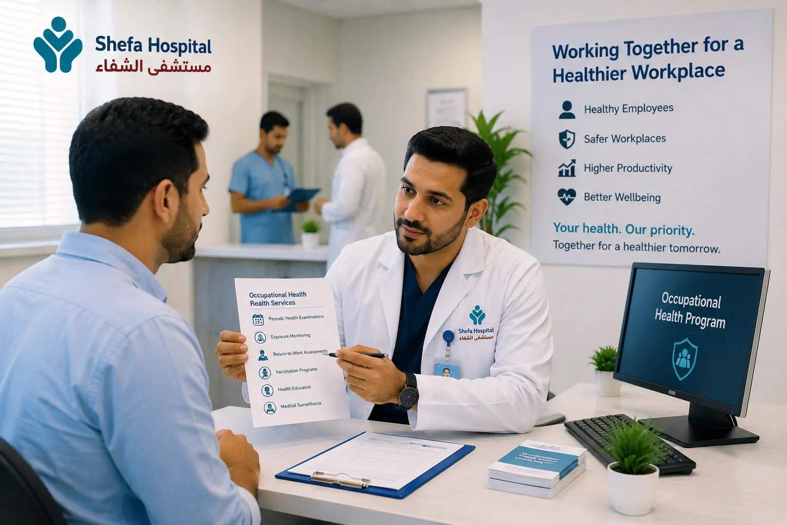 Doctor consulting with a worker for an occupational health assessment