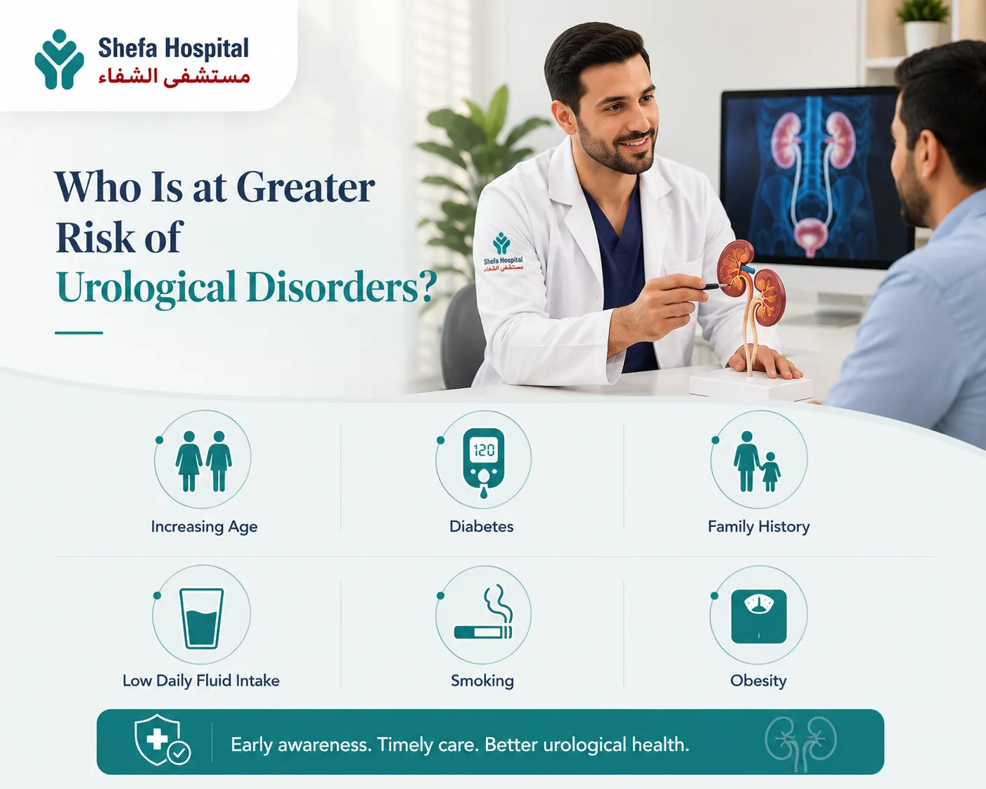 Doctor recommending urology evaluation and preventive care at Shefa Hospital in Makkah.
