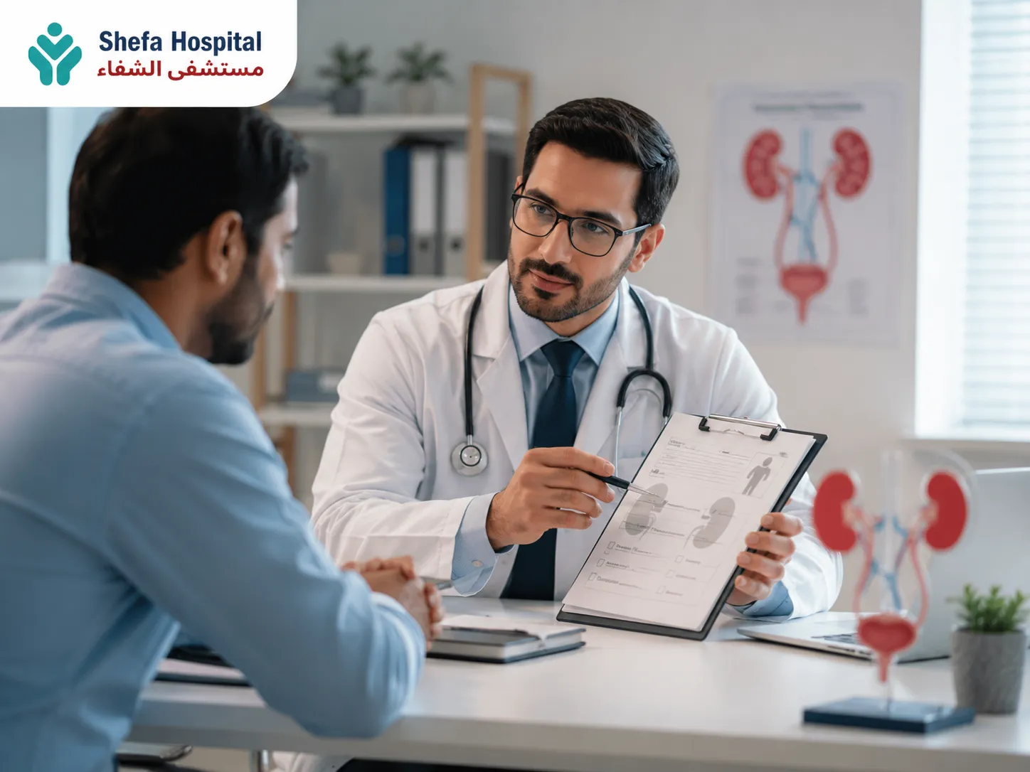 A doctor providing a urology consultation to a patient, discussing how to protect urinary health and manage conditions.