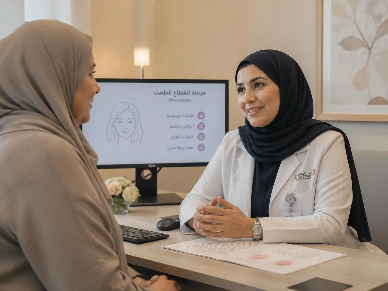 Saudi female specialist counseling a patient about menopause and hormonal health at Shefa Hospital