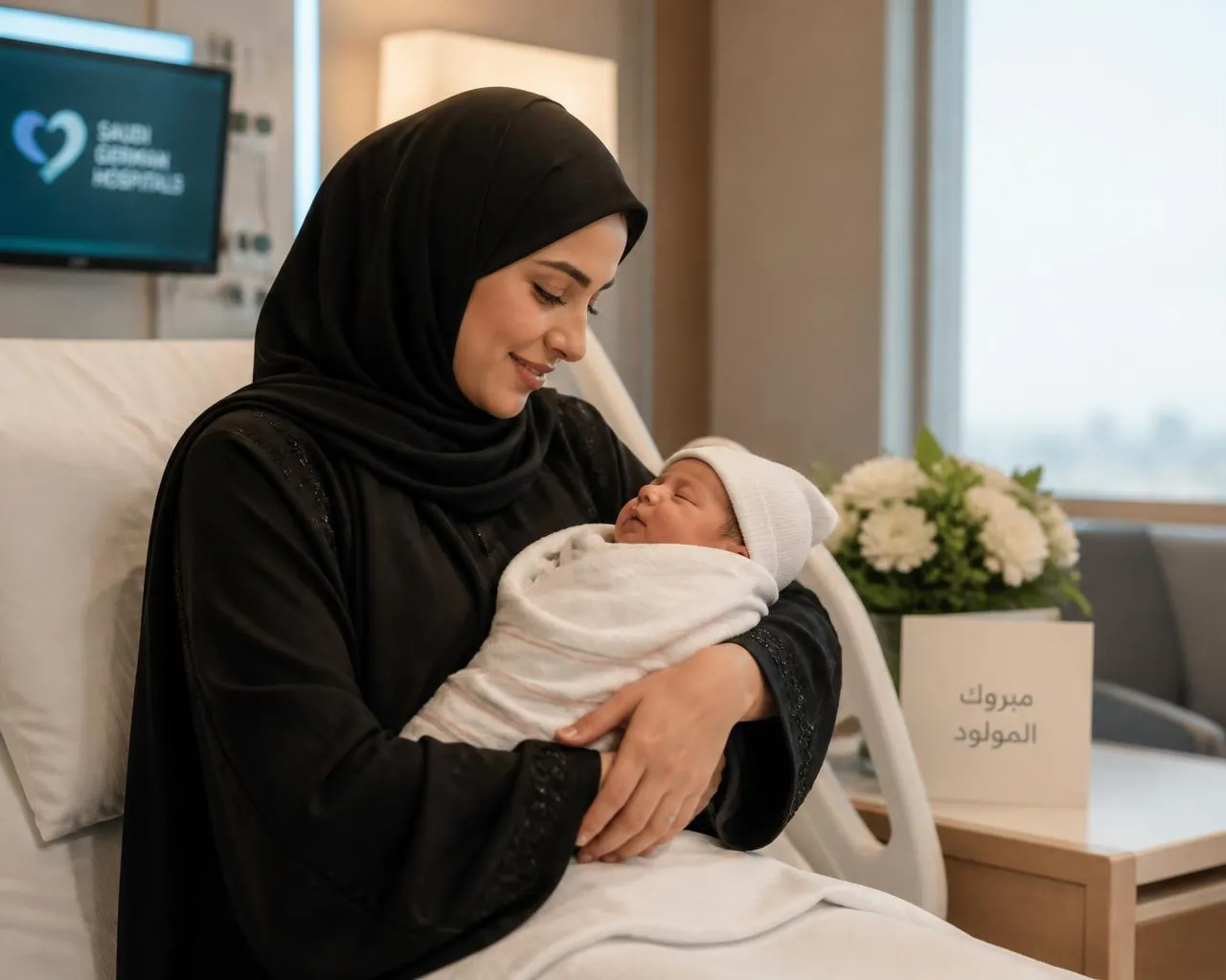 Saudi mother wearing hijab holding her newborn at Shefa Hospital maternity room