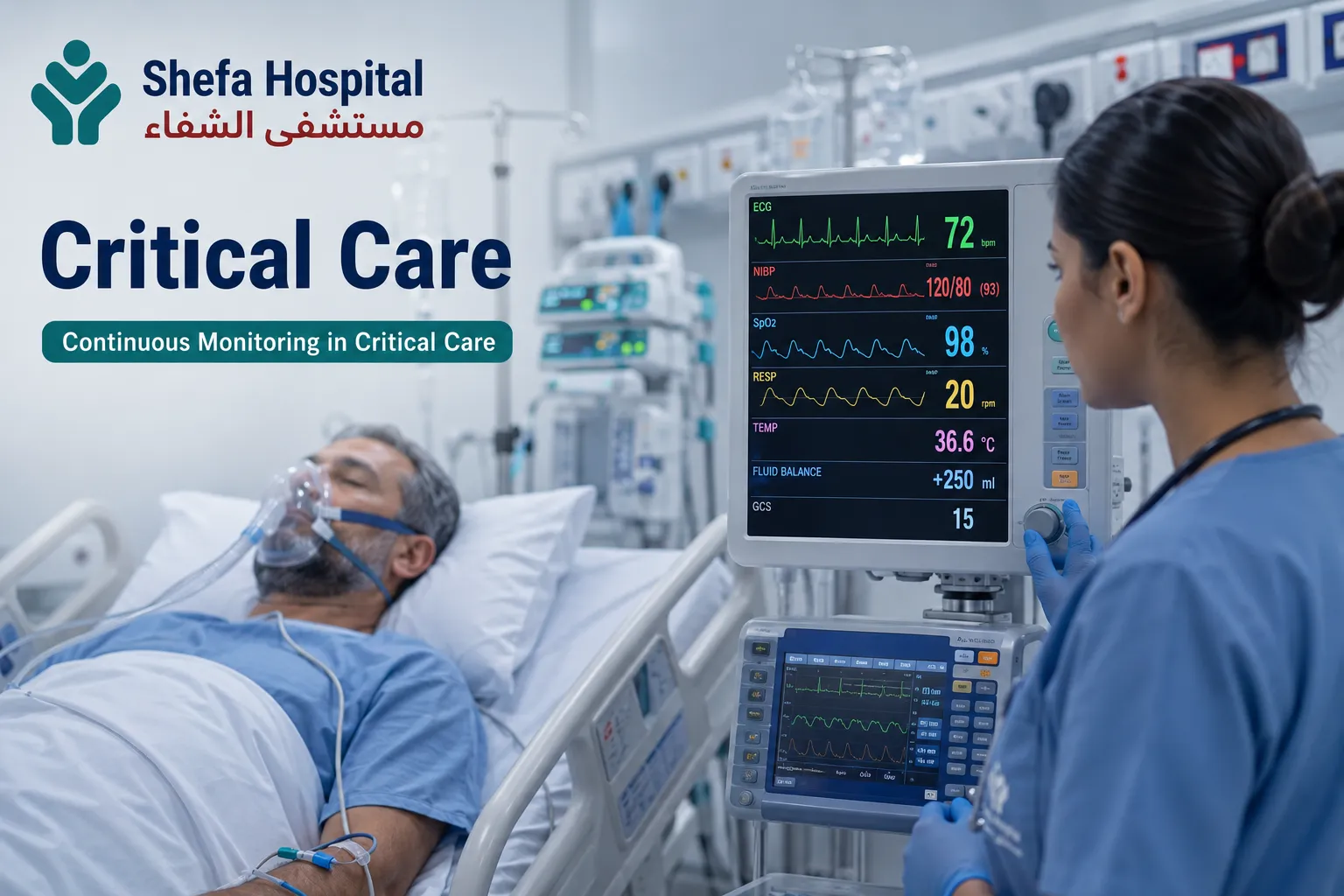 Doctor monitoring a patient in the ICU for critical conditions.