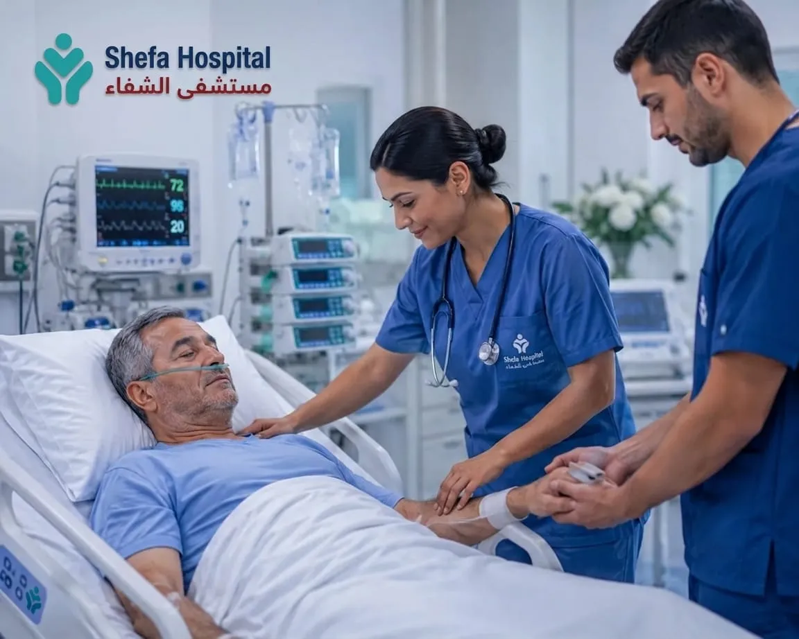 Patient experiencing recovery after intensive care with the support of a medical team.
