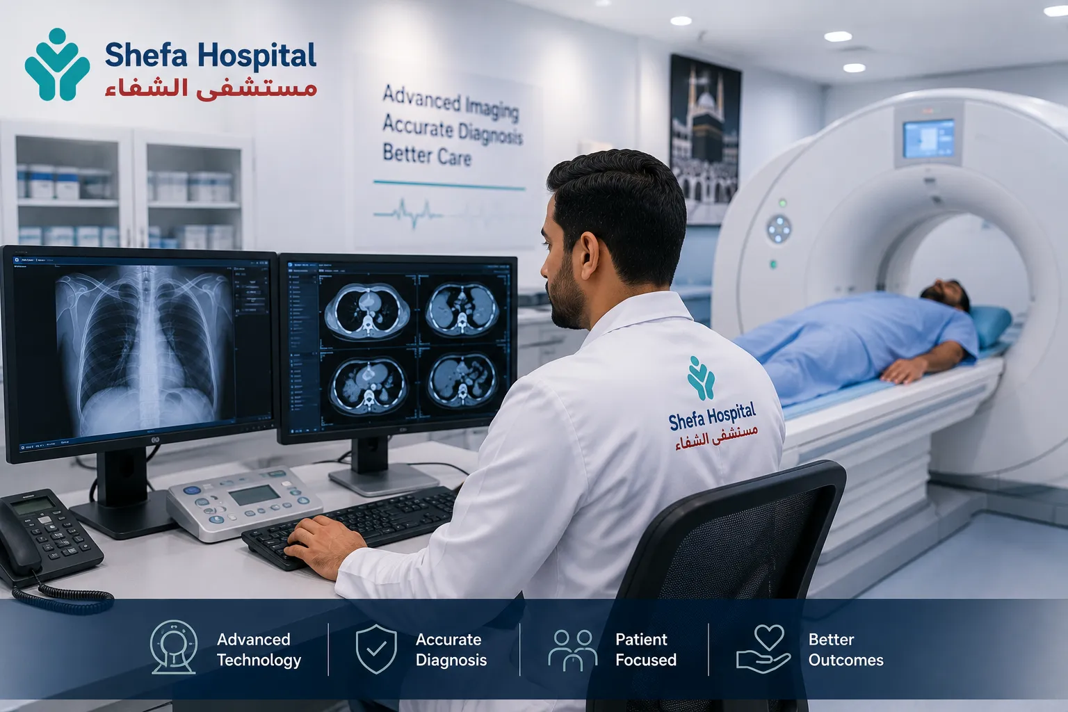 Doctor recommending radiology and diagnostic imaging at Shefa Hospital in Makkah.