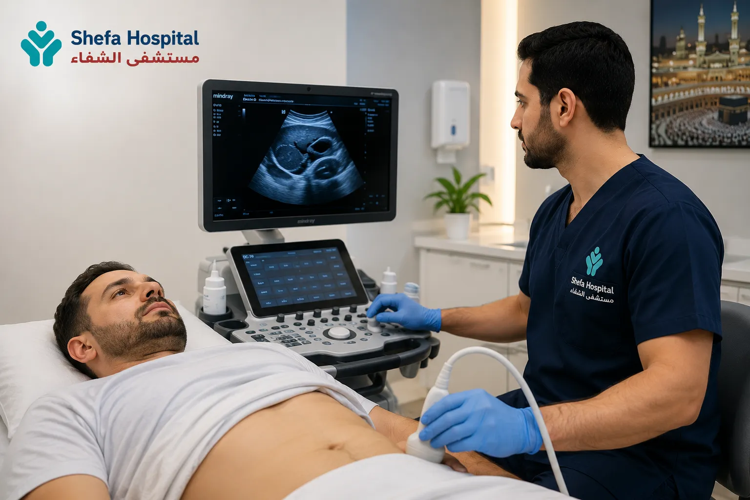 Doctor performing ultrasound imaging on a patient.