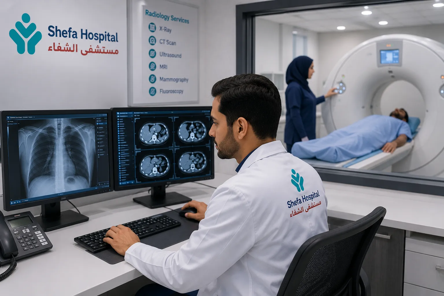 Doctor reviewing specialized imaging scans for diagnosis and treatment planning in hospital radiology department.