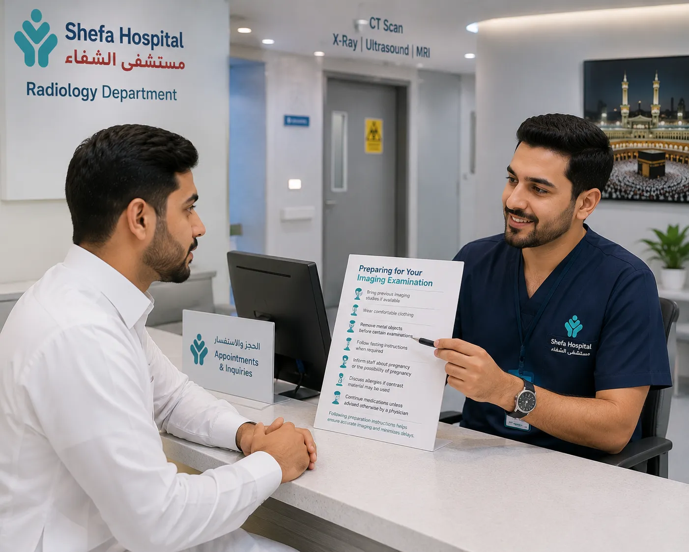Patient consulting with radiology staff before an imaging examination.