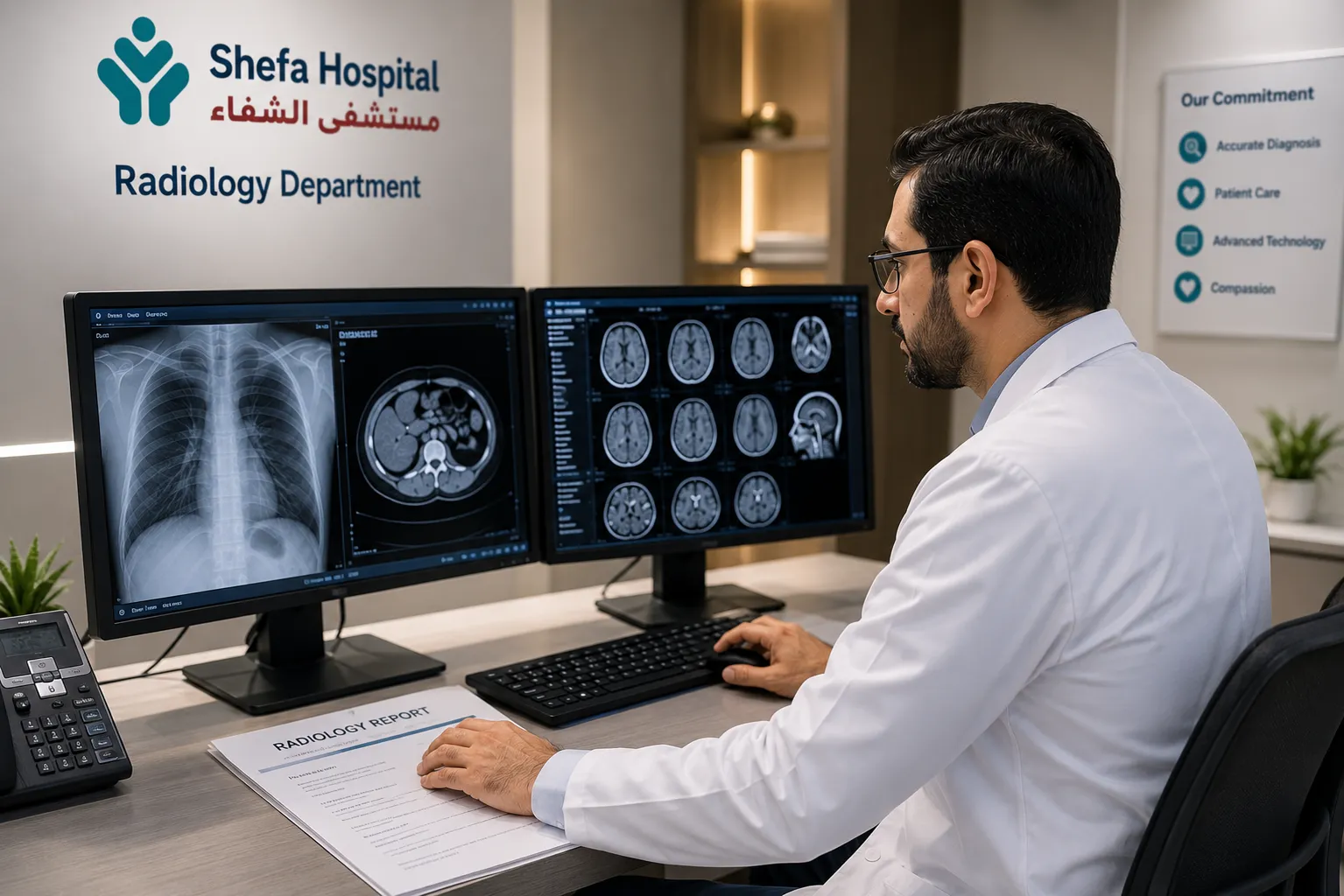 A radiologist physician interpreting medical images and reviewing diagnostic reports.