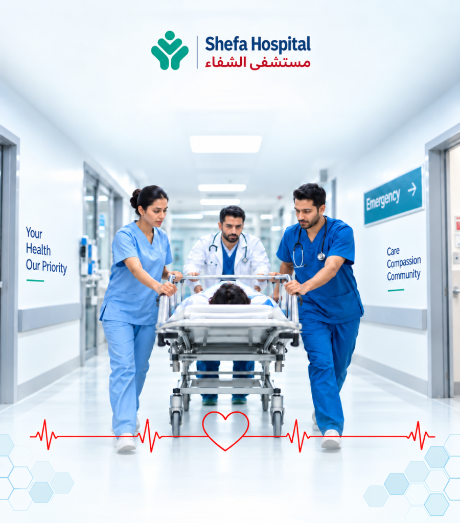 Shefa Hospital emergency care team rushing a patient on a stretcher through a hospital corridor, with the Shefa Hospital logo centered at the top and medical ECG graphics below.
