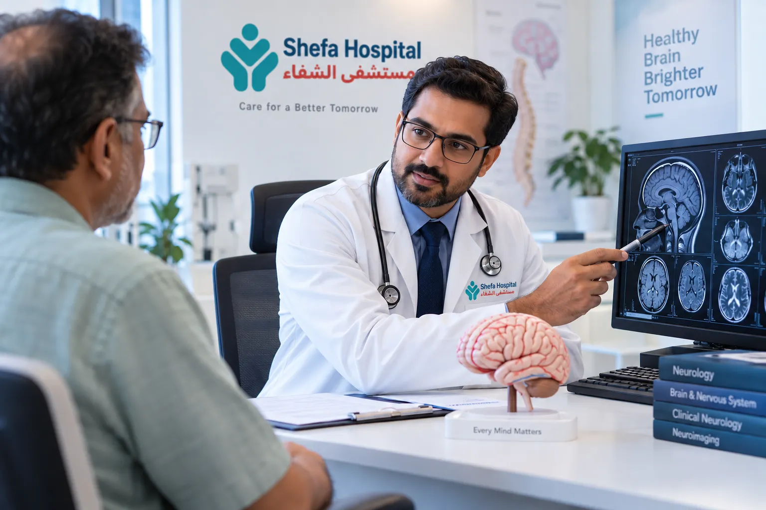A modern hospital room where neurologists provide patient checkups and neurology care.