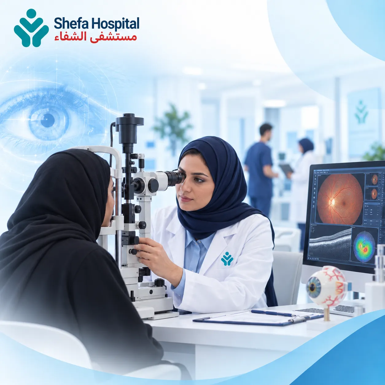 Best Ophthalmologists in Makkah providing specialist eye care and examining a patient at Shefa Multispecialty Hospital.