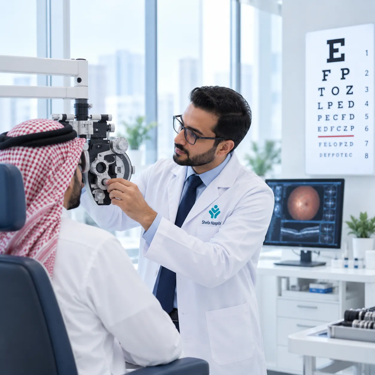 Ophthalmologist performing vision assessment, medical history review, and eye examination for a patient.