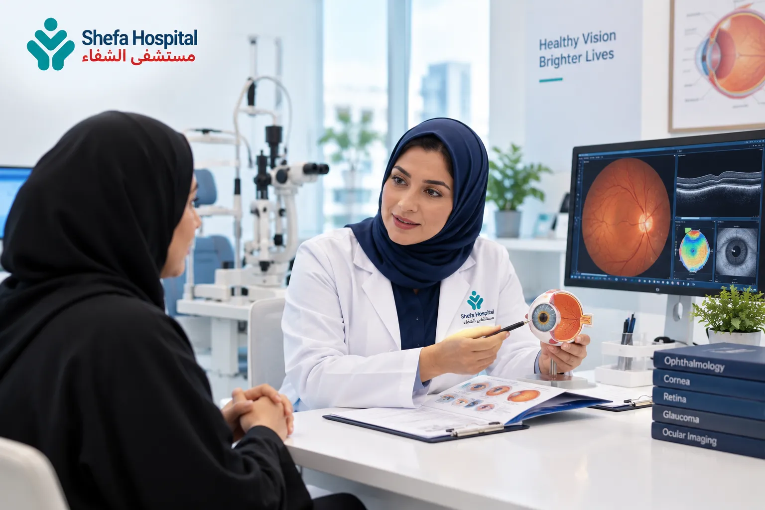 A doctor examining a patient's eyes to explain what is ophthalmology and provide care.