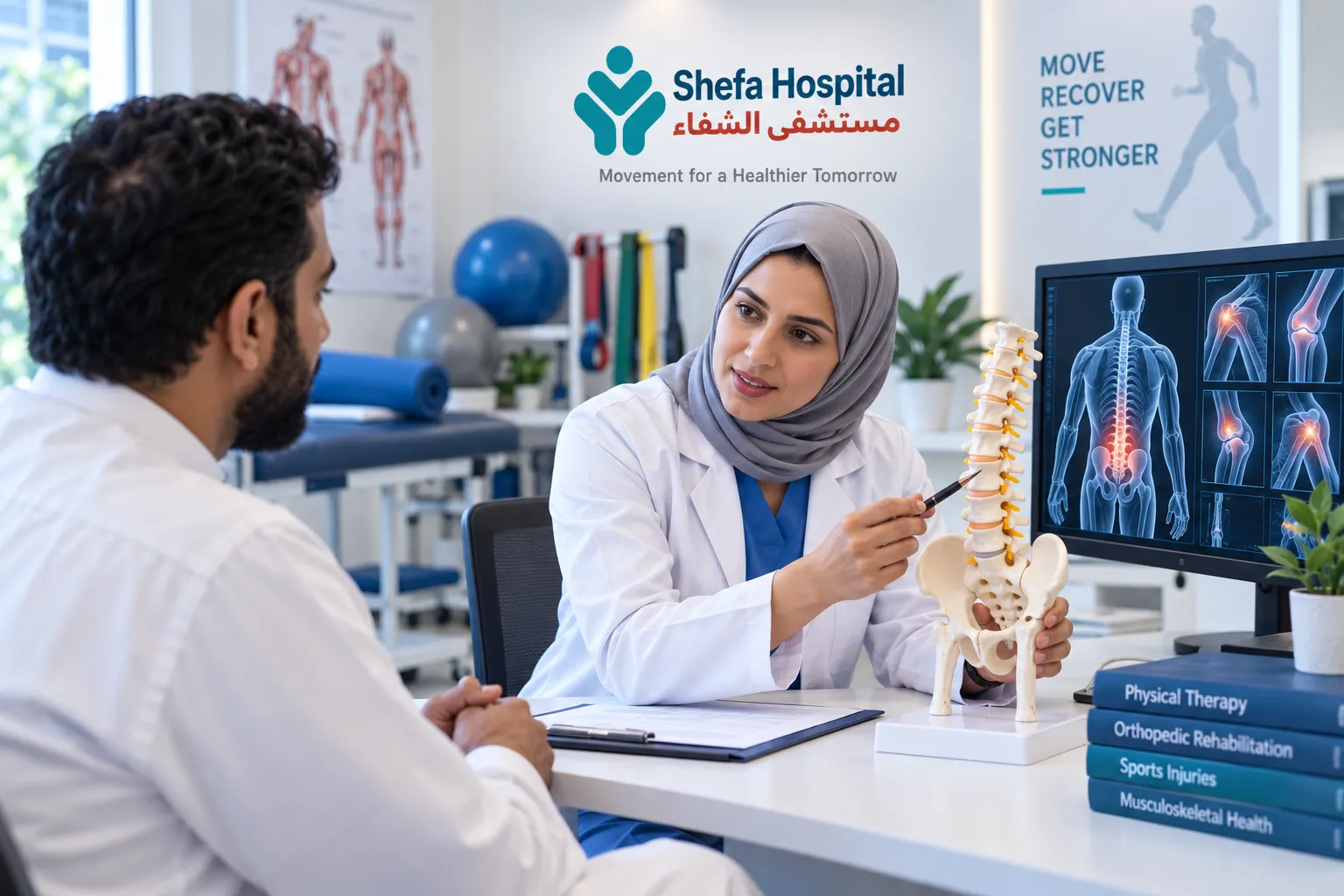 Physiotherapy specialist helping a patient with rehabilitation and movement exercises at Shefa Multispecialty Hospital in Makkah.